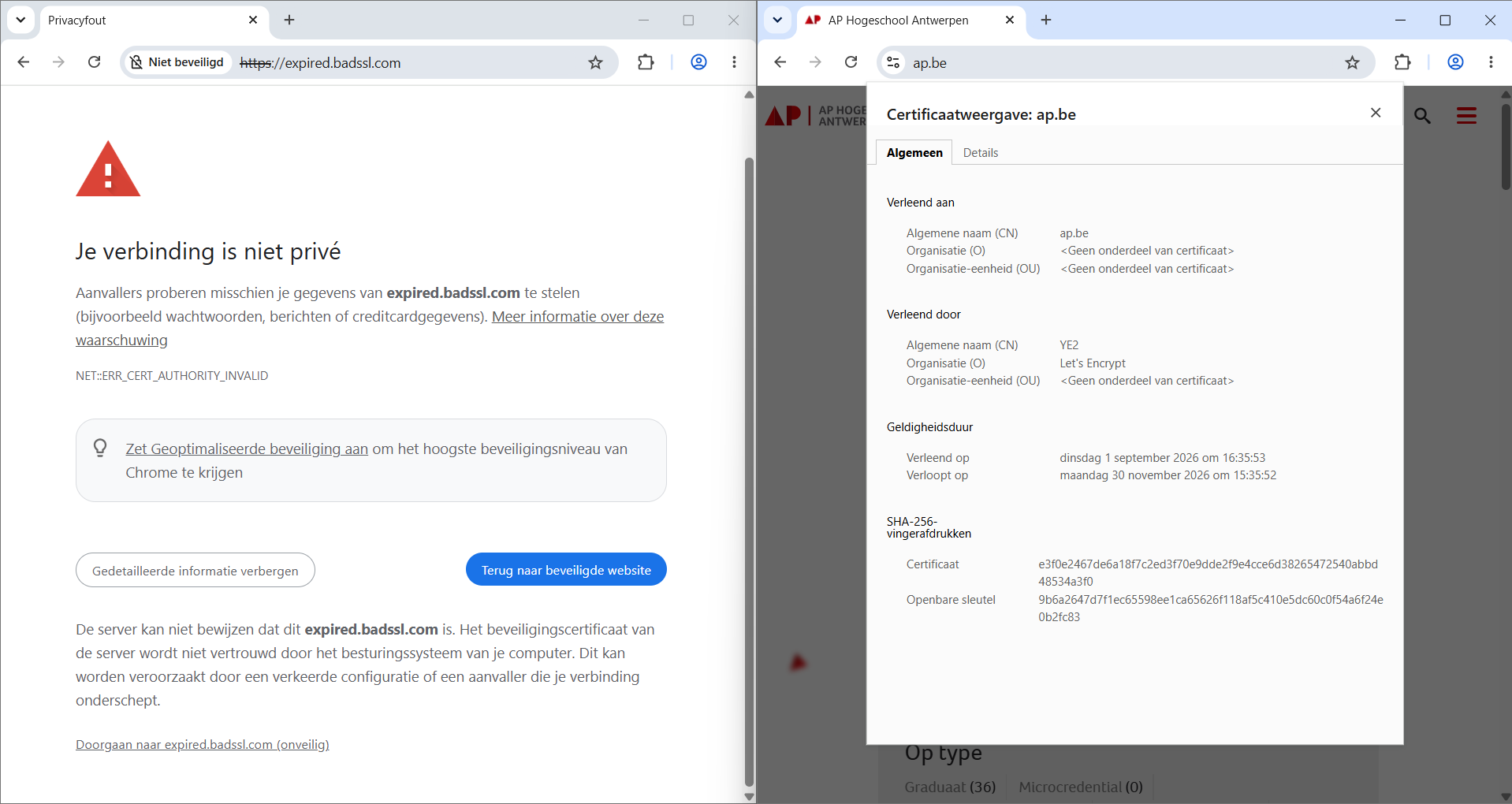 Schermafbeelding van de waarschuwingspagina van Chrome bij expired.badssl.com.