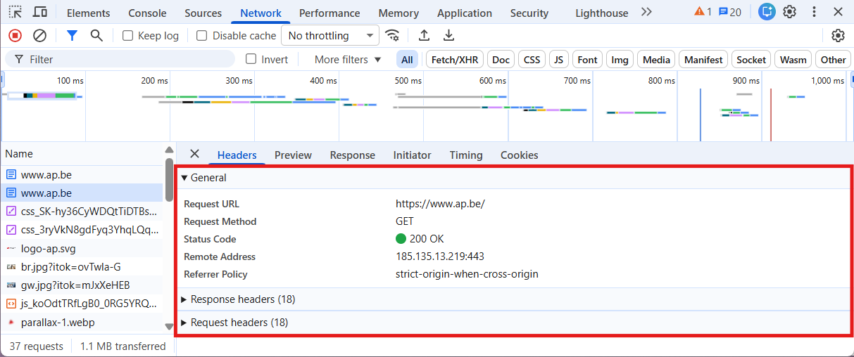 Schermafbeelding van het tabblad Headers in Chrome DevTools bij een fetch-request, met de drie blokken General, Response Headers en Request Headers omkaderd.