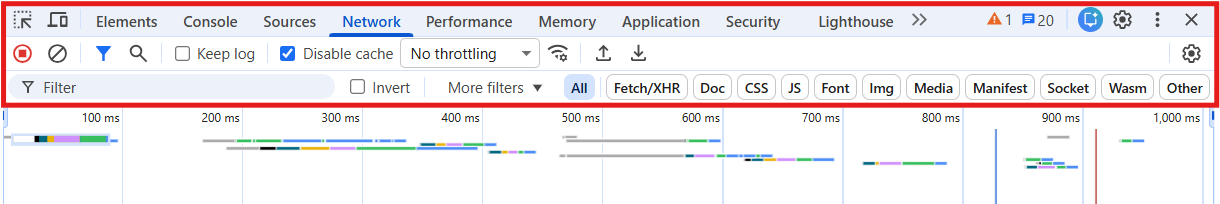 Schermafbeelding van de bovenste balk van de Network tab in Chrome, met aanduidingen bij Disable cache, Preserve log, de filterknoppen (All, Doc, JS, Img, Fetch/XHR) en het dropdownmenu voor throttling.