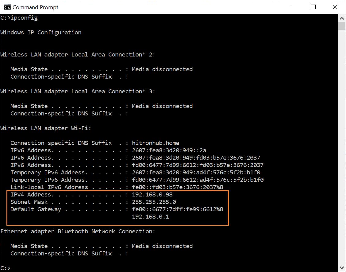 Schermafbeelding van ipconfig met aanduidingen bij het IPv4-adres, het subnetmasker en de standaardgateway.