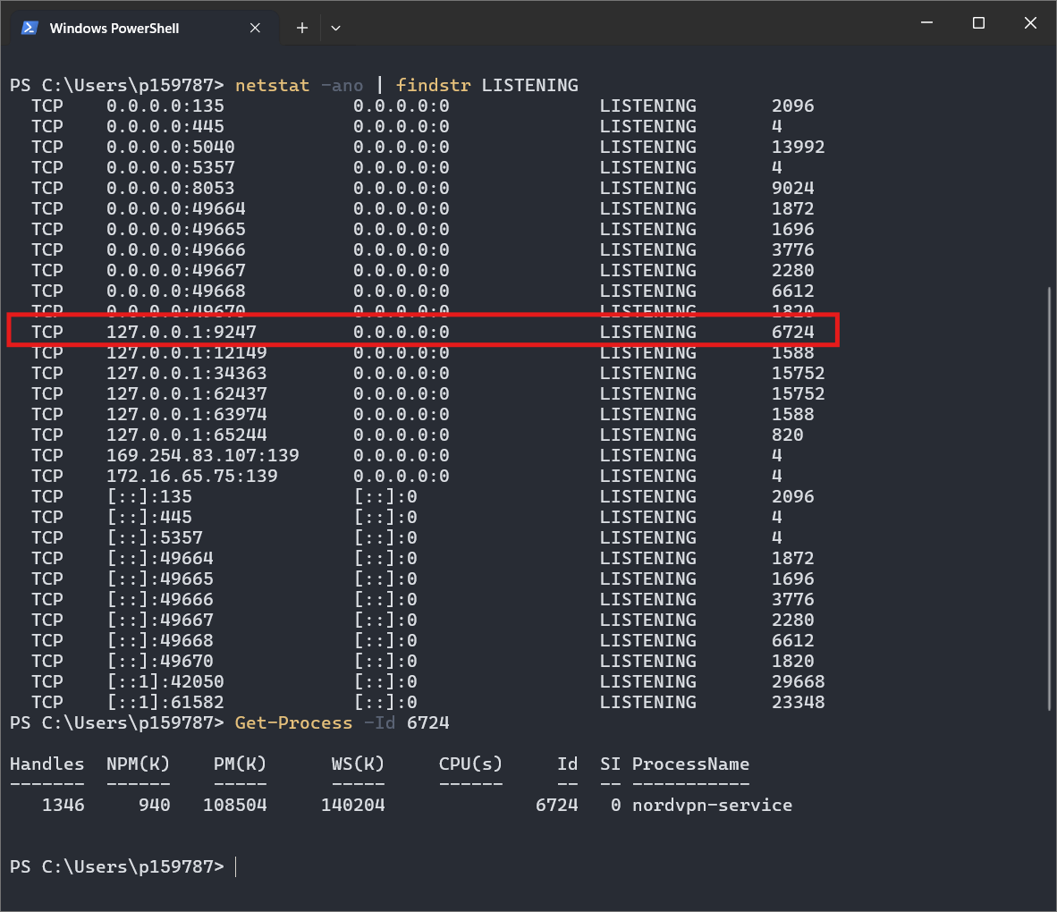 Geannoteerde schermafbeelding van netstat -ano | findstr LISTENING in PowerShell, met de vier kolommen benoemd en met één regel uitgelicht waarbij het PID doorgetrokken wordt naar de uitvoer van Get-Process -Id.