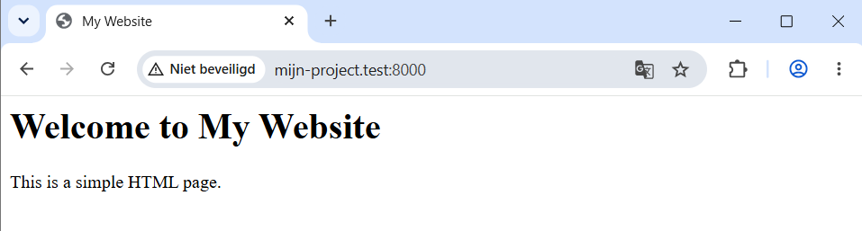 Browser met http://mijn-project.test:8000 open, waarop de eigen pagina verschijnt.
